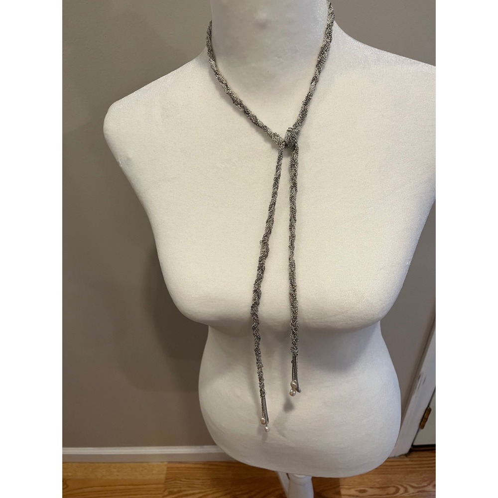 Stella and Dot Silver Braided Mesh Lariat Necklace with Freshwater Pearl Tassel